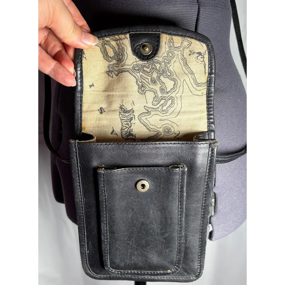 Vintage Y2K Barganza Black Leather Mini Crossbody Bag Map Lining‎ India Boho